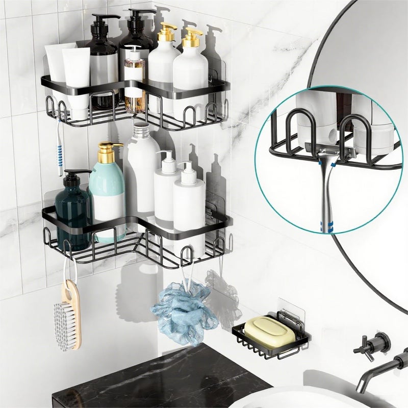 Moforoco Corner Shower Caddy Shelf Organizer Rack, Self Adhesive Black Bathroom Shelves Basket, Home Wall Shower Inside Organization and Storage Decor Rv Accessories, First Apartment Essentials(Black) - Image 4